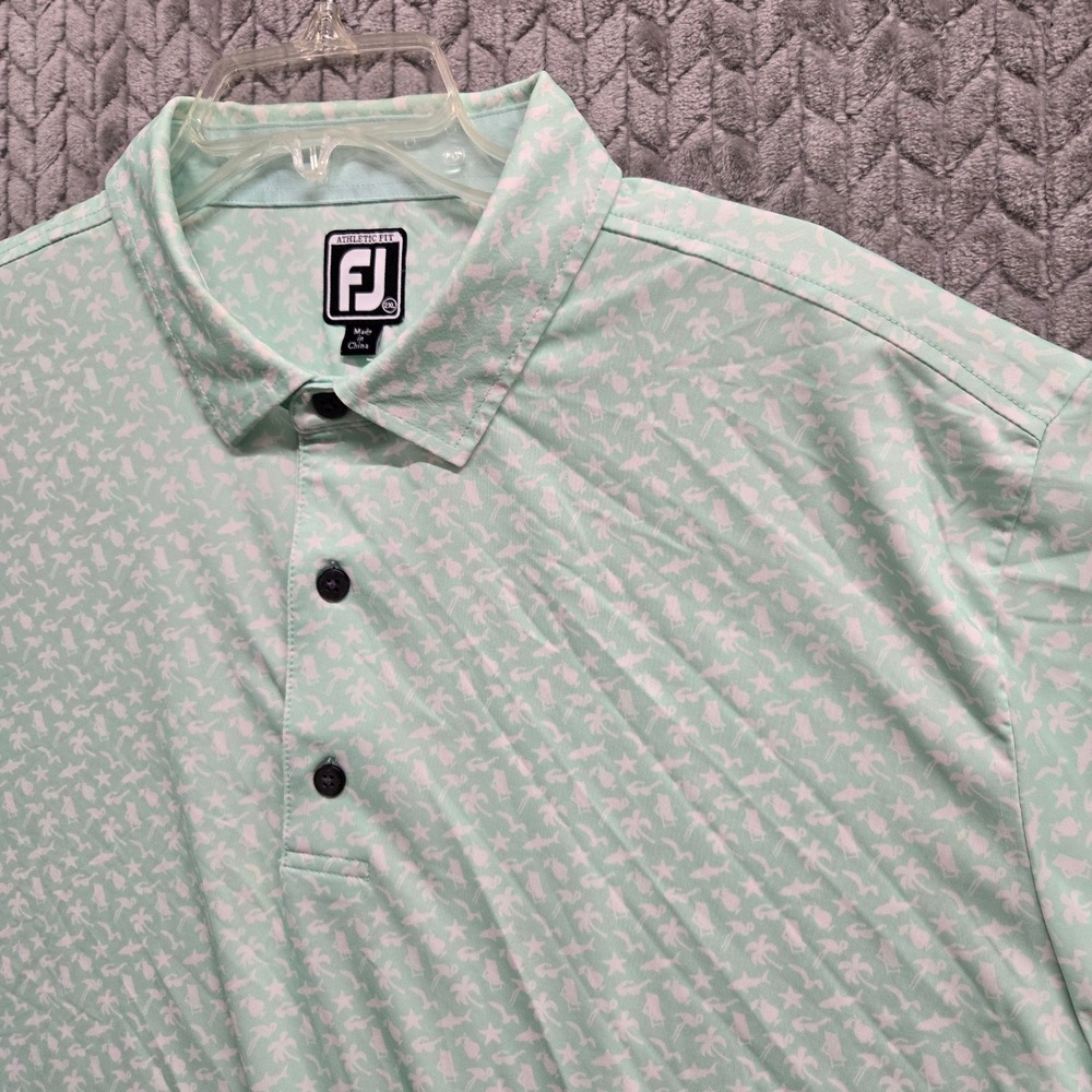 FootJoy FJ Mens 2XL Athletic Fit Golf Polo Shirt Green Palm Star Fish‎ Print